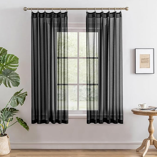 MAIHER Pinch Pleated Curtains 63 Inches Long Light Filtering Black Sheer Curtain Panels Soft Touch Short Pleated Drapes with Adjustable Hooks for Bedroom, Black, 42" W x 63" L, 2 Panels