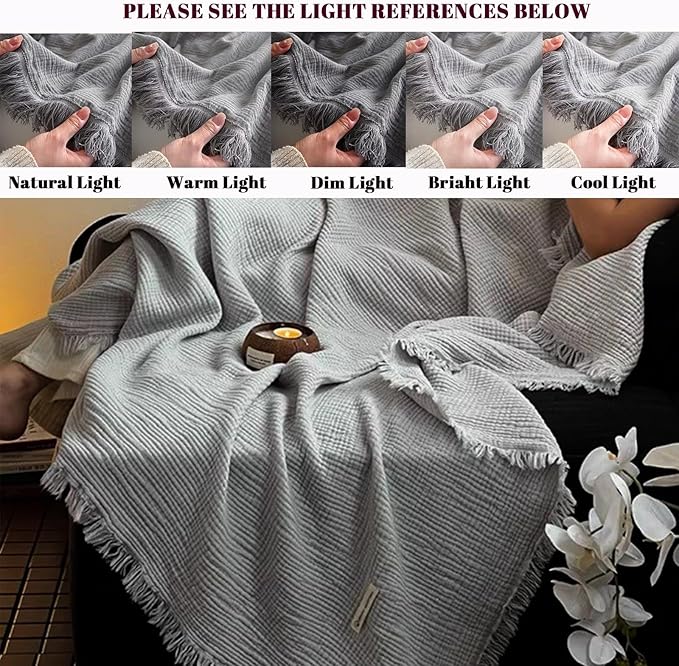 MorroMorn 100% Cotton Muslin Throw Blanket with Fringes 50"x60", 4-Layer Cotton Gauze Blankets for Adults, Boho Bedding Breathable Lightweight Ultra-Soft for Couch Bed Sofa All Seasons, Grey