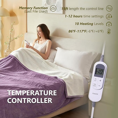 Heat Blanket 50”x60” Throw,Soft Flannel & Sherpa Reversible Electric Blanket with 10 Heat Settings,12 Timer Setting and 3 Hours Auto-Shut Off,ETL Certified Machine Washable,Purple