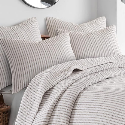 Levtex Home Tobago Stripe Taupe Reversible Twin XL/Twin Quilt Set (68x86in) with 1 Pillow Sham (26x20in) - Striped - Taupe, White - Cotton Twin Size Quilt Bedding Set - Lightweight, Soft, Pre-Washed