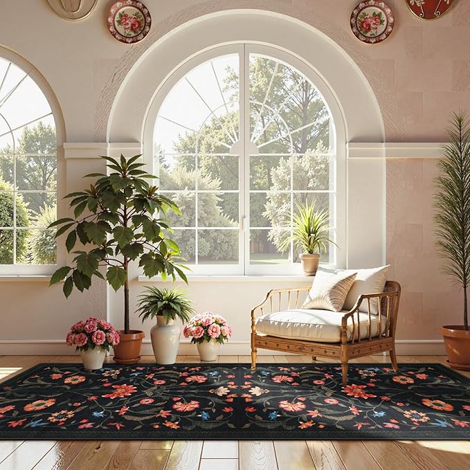 LIVEBOX Black Runners for Hallway - Boho Floral 2'6"x8 Washable Runner Rug, Non-Slip Kitchen Runner Rug, Soft Low-Pile Non-Shedding Carpet Runners for Hallway Entryway Bedroom Bathroom Farmhouse
