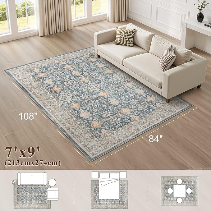 Vintage Living Room Area Rug 7x9 - Large Soft Washable Oriental Traditional Distressed Farmhouse Rugs for Bedroom - Indoor Floor Accent Carpet for Home Office House Decor - Dark Blue
