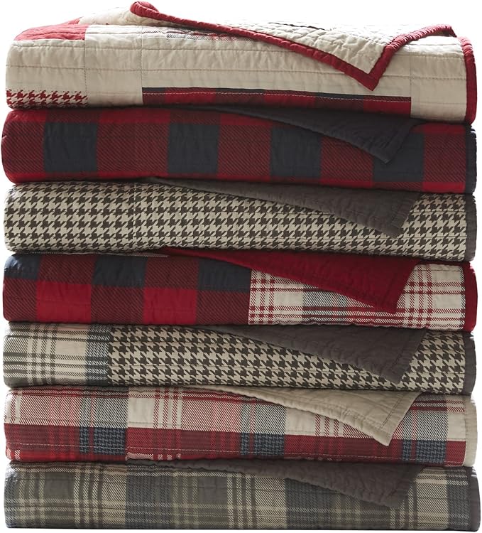 Woolrich Luxury Quilted Throw - Cabin Lifestyle, Patchwork with Moose Design All Season, Lightweight and Breathable Cozy Bedding Layer Throws for Couch Sofa, 50" W x 70" L, Tasha Taupe