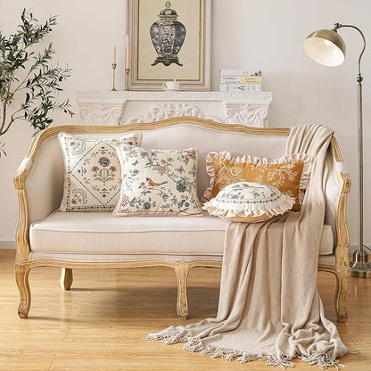 ISAENNE Design Square Floral Bird Linen Throw Pillow Covers 18"x18" Pack of 2, Yellow Pink Cushion Covers with Flower Chinese Hwamei Decor Pillowcases for Bed,Living Room,Outdoor,Car