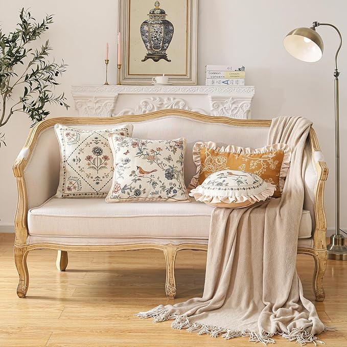 ISAENNE Design Square Floral Linen Throw Pillow Covers 18"x18" Pack of 2, Yellow Pink Flower Pattern Cushion Covers Decor Pillowcases for Bed,Living Room,Outdoor,Car