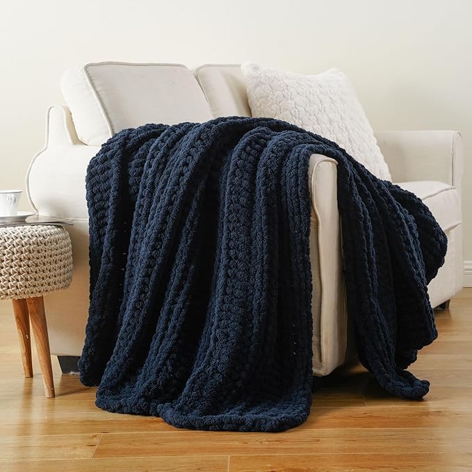 Battilo Navy Chunky Knit Throw Blanket for Couch, Navy Blue Chenille Throw Blanket Super Soft Cozy Thick Warm Cable Knitted Blanket for Bed, Sofa, Living Room, 50"x60"