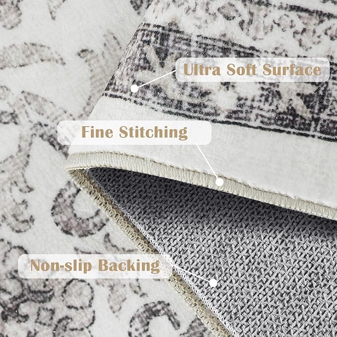 jinchan Floral 3x5 Area Rugs for Entryway - Beige Vintage Distressed Design Doormat Non-Slip Ultra-Thin Low Pile Boho Rug for Kitchen Living Room Bedroom Farmhouse (3‘x5', Beige)