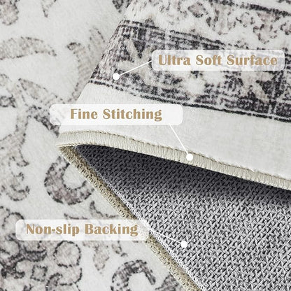 jinchan Floral Runner Rug 2x5 - Machine Washable Beige Vintage Distressed Design Soft Non-Slip Low-Pile Ultra-Thin Runner Rug for Kitchen Hallway Laundry Room Entryway Farmhouse (2‘x5', Beige)