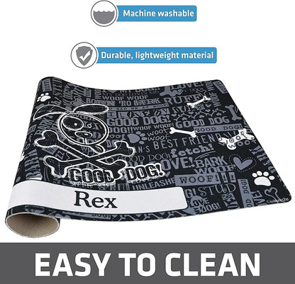 Drymate Personalized Pet Bowl Placemat, Custom Dog & Cat Food Feeding Mat - Absorbent Fabric, Waterproof Backing - Machine Washable/Durable (USA Made) (12" x 20") (Cross Bones - Black)