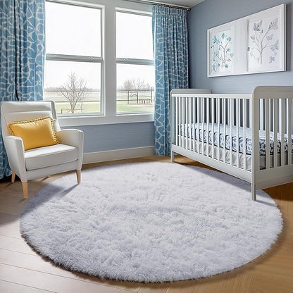 ONASAR White Round Area Rugs 5ft, Soft Bedroom Circle Rug Floor Mat for Kids Girls Boys Teen Room, Fuzzy Plush Shaggy Carpet for Baby Nursery Living Room Playroom Dorm Home Decor