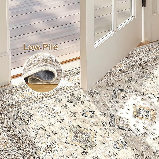 Vintage Living Room Area Rug 3x5 - Large Soft Washable Oriental Traditional Distressed Farmhouse Rugs for Bedroom - Indoor Floor Accent Carpet for Home Office House Decor - Beige