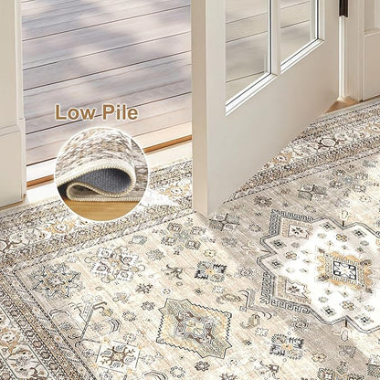 Vintage Living Room Area Rug 3x5 - Large Soft Washable Oriental Traditional Distressed Farmhouse Rugs for Bedroom - Indoor Floor Accent Carpet for Home Office House Decor - Beige
