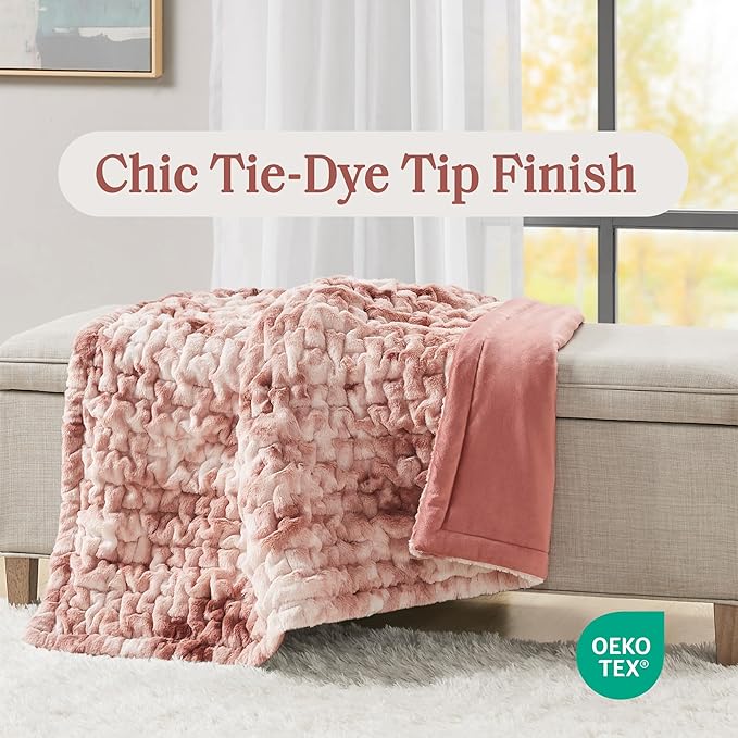 Madison Park Faux Fur Throw, Luxurious Ruched Texture, Fuzzy Warm, Plush Mink-Like Reverse, All Season, Lightweight & Cozy Blanket-Throw for Sofa, Couch, Living Room & Office 50" x 60" Pink Tie Dye