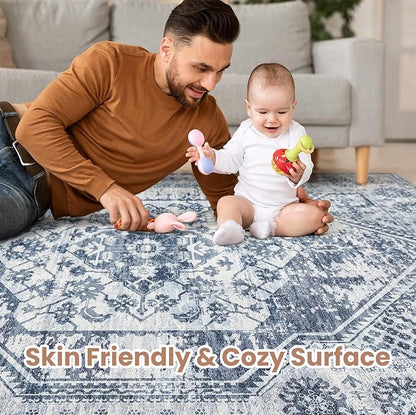 Vintage Living Room Area Rug 9x12 - Large Soft Washable Oriental Traditional Distressed Farmhouse Rugs for Bedroom - Indoor Floor Accent Carpet for Home Office House Decor - Distressed Blue