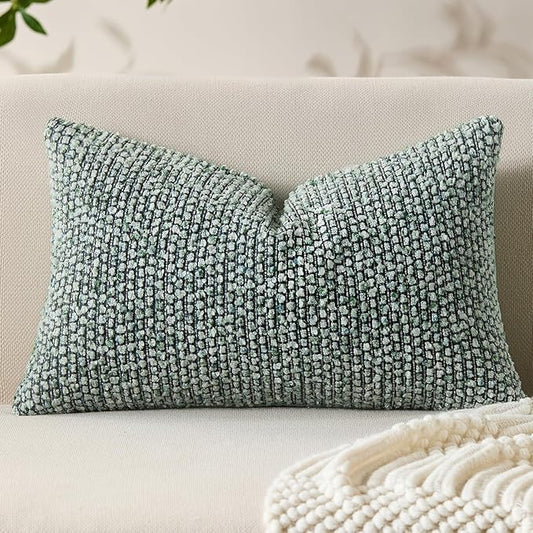 Decorative Lumbar Pillow Cover 12x20 Green Striped Soft Wool Lumbar Throw Pillow Neutral Textured Boho Cushion Covers for Modern Farmhouse Sofa Bedroom Living Room Decor SY011-D12