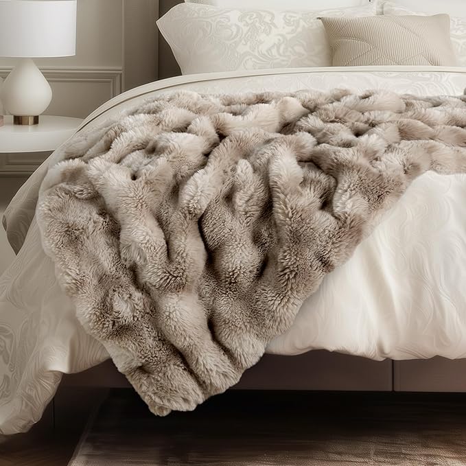 Ultra Soft Cozy Faux Fur Throw Blanket, Fuzzy Plush Thick Bubble Blanket, Oversize Luxury Fluffy Blanket for Couch, Bed, and Living Room, 60x80 Inches, Tie-Dye Light Taupe