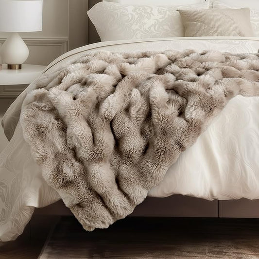 Ultra Soft Cozy Faux Fur Throw Blanket, Fuzzy Plush Thick Bubble Blanket, Oversize Luxury Fluffy Blanket for Couch, Bed, and Living Room, 60x80 Inches, Tie-Dye Light Taupe