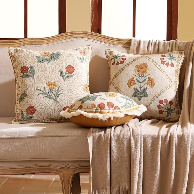 patdrea Designer Square Throw Pillow Covers for Couch 18"x18",Vintage French Linen Pillows Cover with Daisy Floral Pattern,Beige Luxury Farmhouse Decorative Cushion for Bed,Living Room,Outdoor
