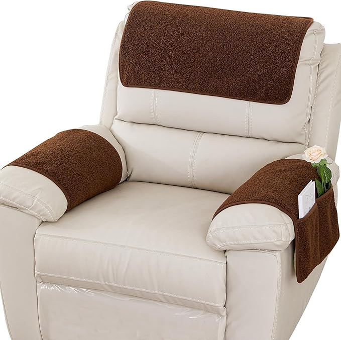Armrest Cover, Recliner Chair Protector, Furniture Protector Slip, Side Storage Pocket, Stretch Armchair Couch Arm Rest Cover for Recliner, Chair, Sofa (Coffee,1 Seater(3pcs))