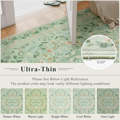 Lahome Floral 5x7 Washable Rug, Non Slip Soft Rug for Kids Room Nursery Ultra-Thin Green Carpet Bedroom, Vintage Botanical Print Carpet for Playroom Classroom Living Room Kitchen, Sage