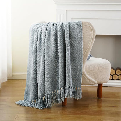 BATTILO HOME Bluish Grey Chenille Throw Blanket for Couch, Knit Throw Blanket,Super Soft Warm Home Decor Throw Blanket with Tassels for Bed,Sofa and Living Room,50" x 60"