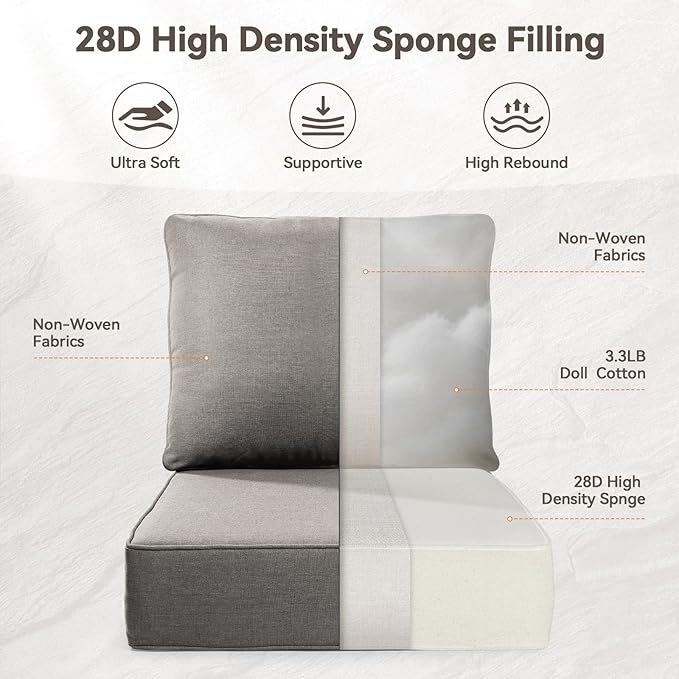 Luxury 6" Outdoor Cushions for Patio Furniture, 24x24x6" Thick Seat Cushion Set of 9, Fade Resistant Couch Chair Replacement Cushions High Density Deep Wicker Chair Cushion w/ Removable Cover Gray