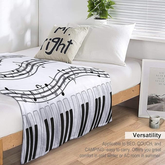 Music Blanket Black White Piano Keys Music Note Modern Abstract Art Print Soft Cozy Lightweight Throw Blanket for Women Men Bedroom Living Room Dorm Chair Sofa Travel 60x80in