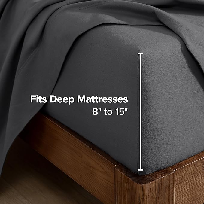 Bare Home Flannel Fitted Bottom Sheet 100% Cotton, Velvety Soft Heavyweight - Double Brushed Flannel - Deep Pocket (Twin, Grey)