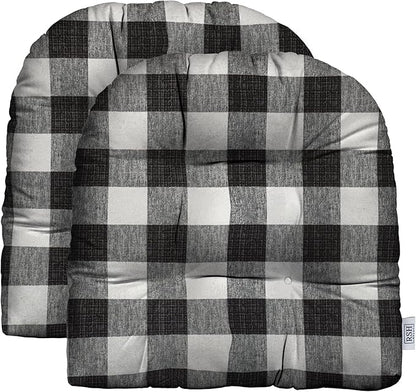 RSH DECOR: Tufted U-Shape Wicker Seat Cushions Set of 2 | 19” x 19” | All-Weather Spun Fabric | Water-Resistant | Outdoor Chair Cushions for Patio Furniture | Black Buffalo Plaid