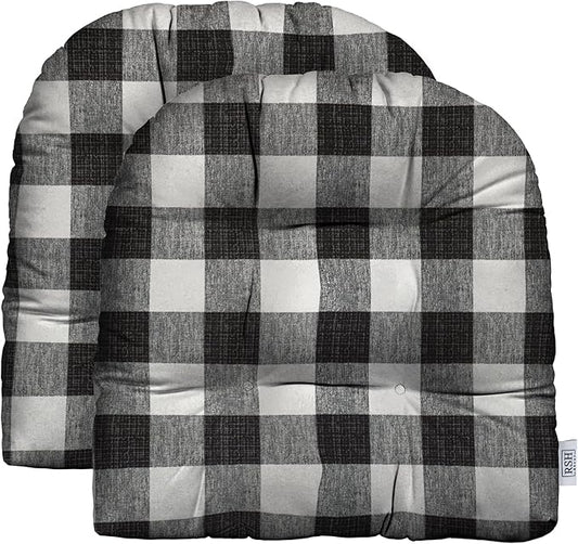 RSH DECOR: Tufted U-Shape Wicker Seat Cushions Set of 2 | 19” x 19” | All-Weather Spun Fabric | Water-Resistant | Outdoor Chair Cushions for Patio Furniture | Black Buffalo Plaid