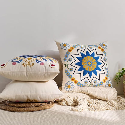 Embroidered Throw Pillow Cover 20x20 Classic Boho Floral Pattern Pillows Cover Outdoor Decorative Pillowcase,Durable Cozy Textured Cushion Case for Sofa Couch Bed Living Room,Blue Orange