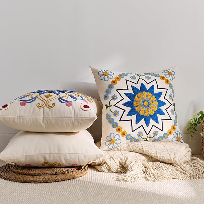 Embroidered Throw Pillow Cover 22x22 Classic Boho Floral Pattern Pillows Cover Outdoor Decorative Pillowcase,Durable Cozy Textured Cushion Case for Sofa Couch Bed Living Room,Blue Orange