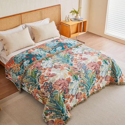 MSGKV Boho Throw Blanket for Couch 100% Cotton Floral Blanket 50"x60" Sofa Bed Chair Blanket All Seasons Farmhouse Muslin Breathable Lightweight Blankets Home Decor