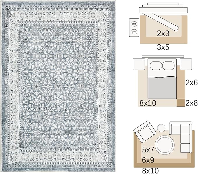 jinchan Floral 5x7 Area Rugs for Bedroom - Machine Washable Vintage Distressed Boho Design Throw Rug Stain Resistant Carpet Low-Pile Thin Non-Slip for Nursery Living Room Dining Room (5‘x7', Grey)