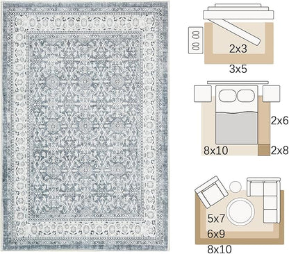 jinchan Floral 2x3 Rugs for Entryway - Machine Washable Grey Vintage Distressed Boho Design Soft Faux Wool Small Non-Slip Doormat for Entrance Kitchen Living Room Bedroom Farmhouse (2‘x3', Grey)