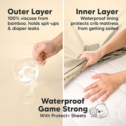 2-Pack Waterproof Pack and Play Sheets, Mini Crib Sheets Fitted for Boy, Girl - 38 x 26 Viscose from Bamboo Pack N Play Mattress Sheets for Graco, Toddler Playard Baby Crib Sheets Neutral (Macadamia)