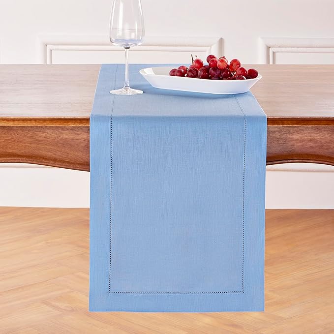 Solino Home Linen Cornflower Blue Table Runner 108 Inches Long - 100% Pure Linen Hemstitch 14 x 108 Inch Table Runner for Dining, Christmas, Holiday, New Year - Classic Hemstitch