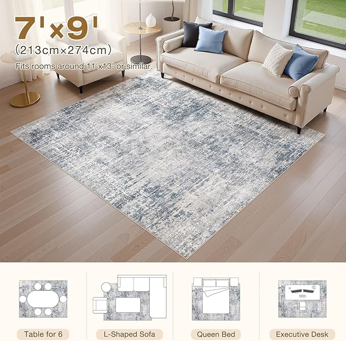 Abstract Living Room Rug 7x9 - Modern Washable Soft Thin Area Rug for Living Room Bedroom Under Dining Table - Neutral Indoor Floor Rug Carpets for Home Office Playroom Nursery - Blue Grey