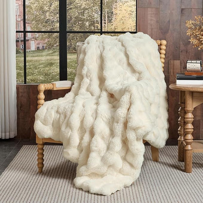 Lotus Karen King Size Faux Fur Blanket Cream White - Big Bubble Rabbit Fluff Throw for Bed Large Fluffy Fuzzy Cozy Thick Furry Plush Shaggy Blankets 108x90 Inches