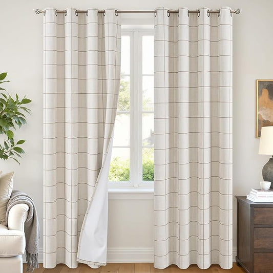 Brown Linen Blackout Curtains for Living Room - Boho Plaid Pattern Thermal Insulated Grommet Cottage Core Window Treatments Rustic Drapes for Farmhouse, 52x84 Inch 2 Panels