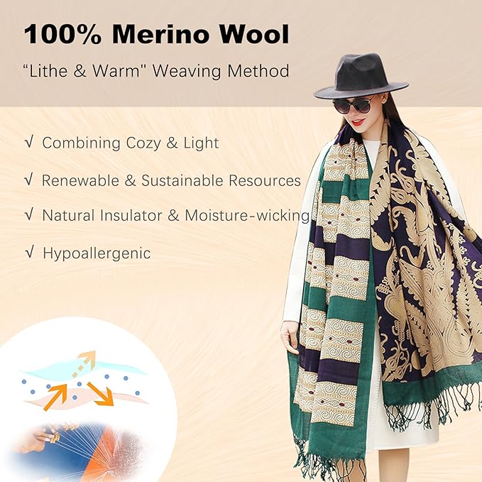 DANA XU 100% Merino Wool Pashmina Shawl for Women 96"x43", Oversized Cashmere Wrap with Tassels, Floral Travel Blanket Cape