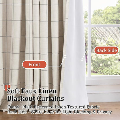 Grey Linen Blackout Curtains for Living Room - Boho Plaid Pattern Thermal Insulated Grommet Cottage Core Window Treatments Rustic Drapes for Farmhouse, 52x84 Inch 2 Panels