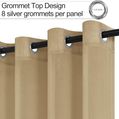 XWZO Sheer Curtains for Bedroom, Grommet Airy & Lightweight Light Filtering Faux Linen Window Curtains for Living Room, Kids' Room, Office with Tiebacks, Camel, W52 x L54, Set of 2 Soft Panels