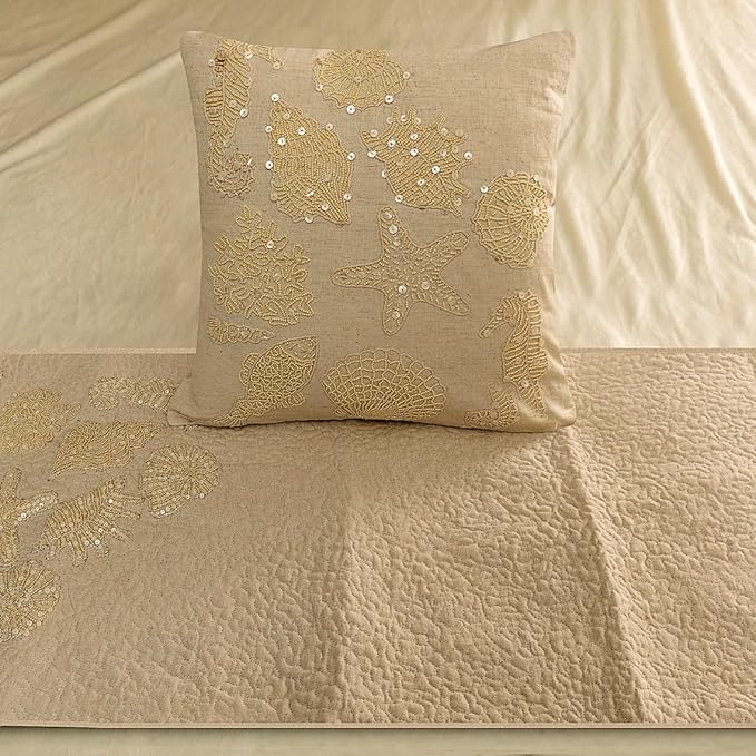 The HomeCentric King Queen Twin Beige Handmade King 90"x18" Bed Runner with Pillow Cover, Pearl Embroidery Bed Scarf on Linen Fabric - Off to The Sea