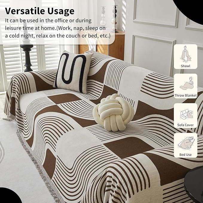Boho Couch Cover Sofa Covers Washable, Chenille Couch Covers for 3 Cushion Couch Sofa Pet Friendly, Bohemian Sofa Slipcovers for Sectional Sofa, Loveseat, 2 3 4 Seater (71" x 102", Coffee)