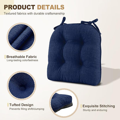 downluxe Indoor Chair Cushions for Dining Chairs, Tufted Overstuffed Textured Foam Kitchen Chair Pads with Ties and Non-Slip Backing, 15.5" x 15.5" x 4", Royal Blue, 4 Pack