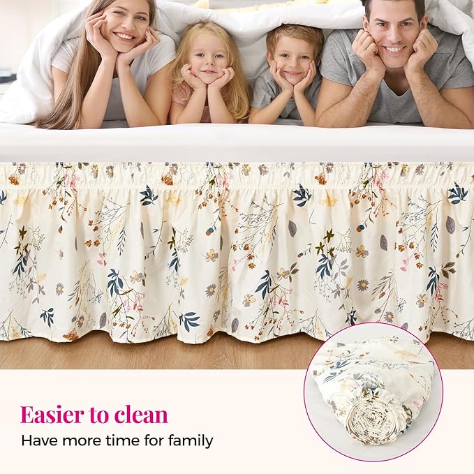 RIMELA Cream Balloon Bed Skirt Queen Size 15 Inch Drop, Elastic Bed Skirting for Bed Frame, Bedding Dust Ruffle Easy to Install, Lightweight Wrap Around Adjustable Bedskirt,Bedroom Decor