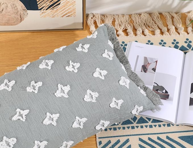 Boho Long Lumbar Pillow Cover 12x26 with Tassel,3D Flower Patterned Cotton Decorative Long Lumbar Pillow Cover Pillow Case for Sofa Couch Bed Livingroom Farmhouse,Blue Grey