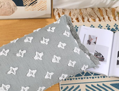 Boho Long Lumbar Pillow Cover 12x26 with Tassel,3D Flower Patterned Cotton Decorative Long Lumbar Pillow Cover Pillow Case for Sofa Couch Bed Livingroom Farmhouse,Blue Grey