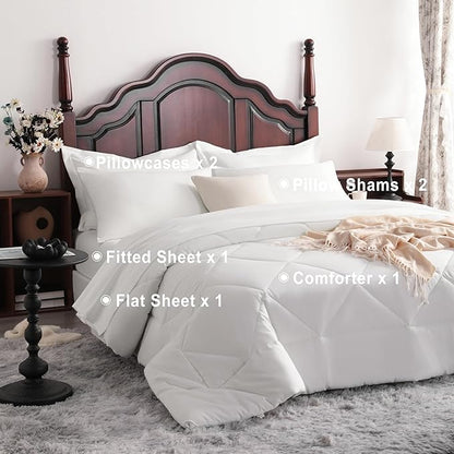 NTBAY King Comforter Set with Sheets, 7 Pieces Soft and Breathable King Bedding Set, Bed in a Bag, Down Alternative Comforter Set Solid Color All Season, King Bedding Set, White